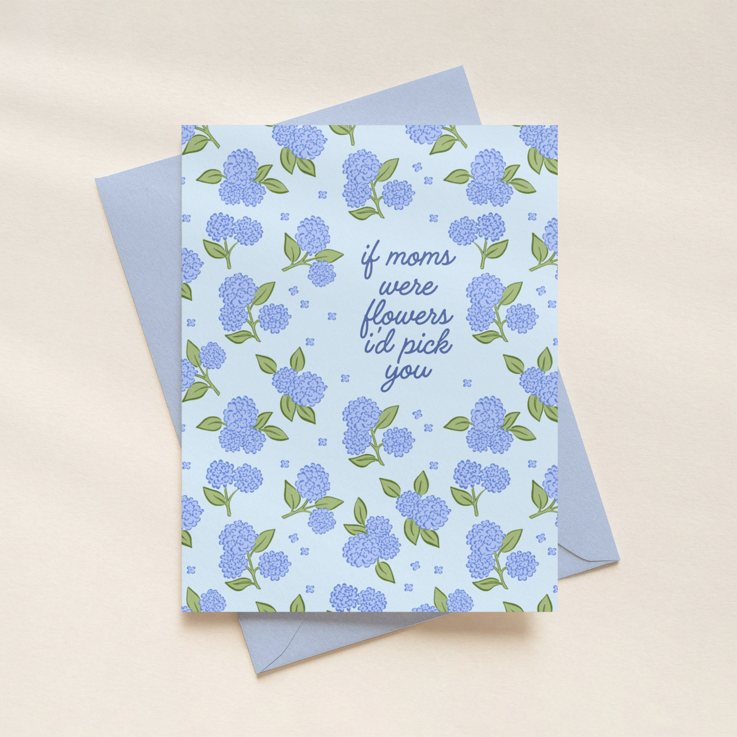Greeting card with blue floral pattern and text on a beige background
