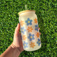 Blue and Orange Flowers | Frosted Glass Can